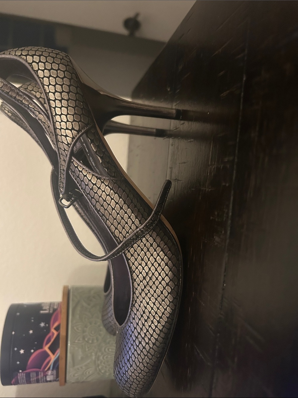 Via Spiga Metallic Snake-Print Pointed Toe Slingback Heels - Black/Gold - Picture 2 of 3